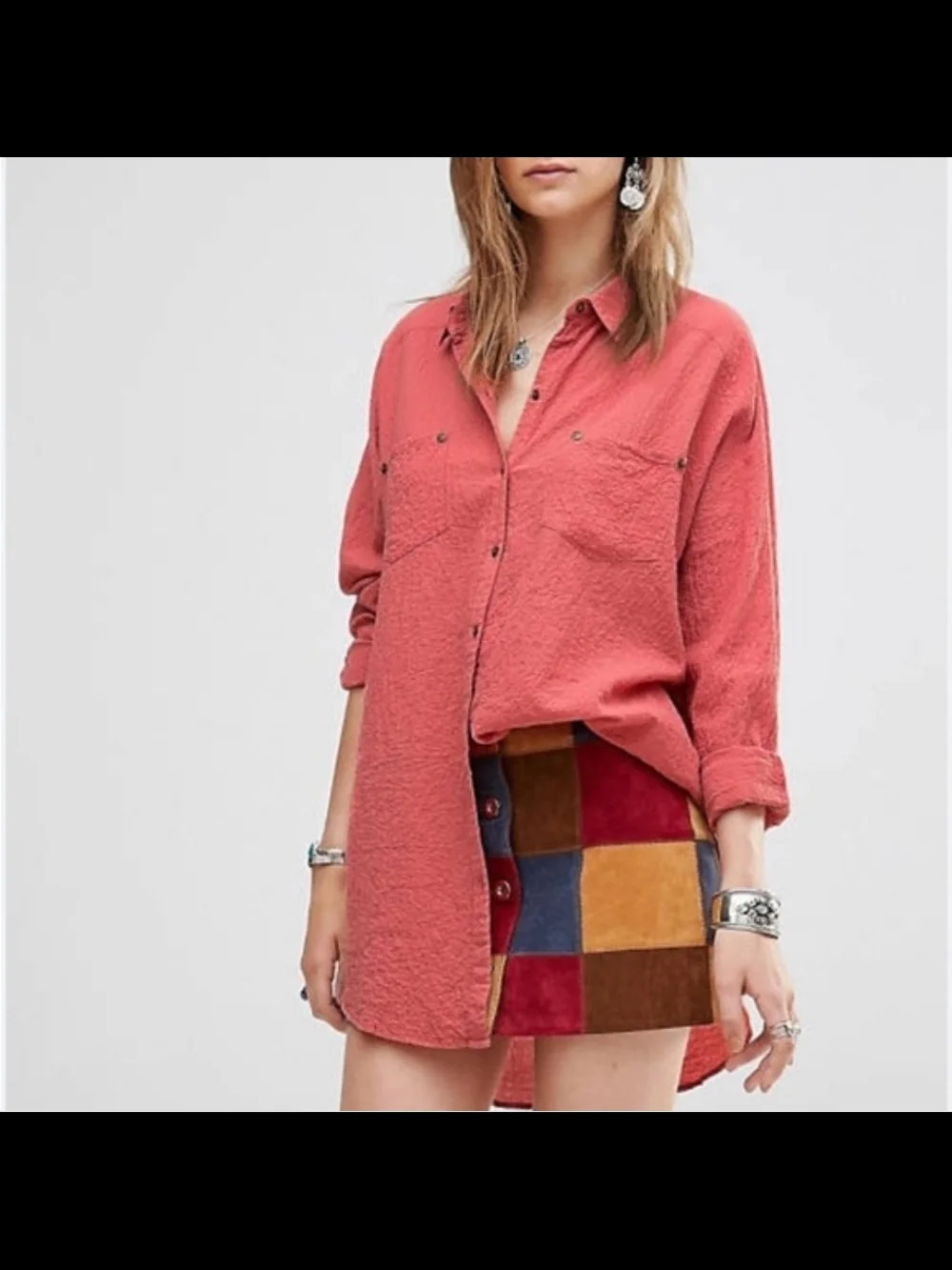 Free People Coral Button-Down Shirt with Chest Pockets